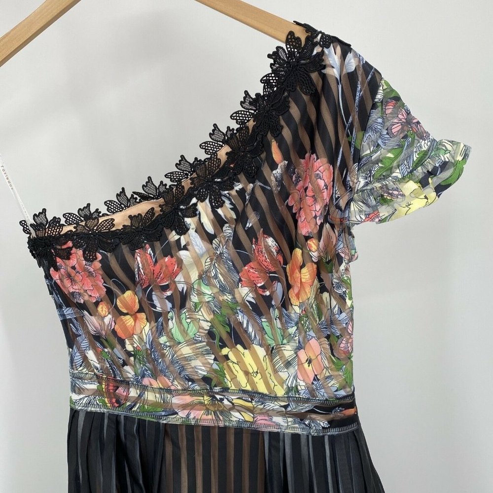 foxiedox One-Shoulder Floral Pleated Midi Dress in Black and Multicolor - Picture 7 of 12